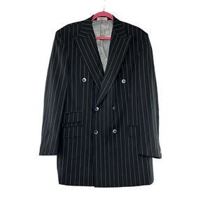 Tiglio Rosso Wool Sport Coat Men Size 42L Black Wide Pin Stripe Double Breasted